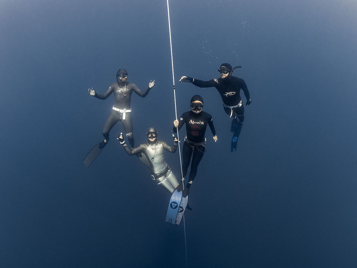 A group of freedivers at depth around a dive line