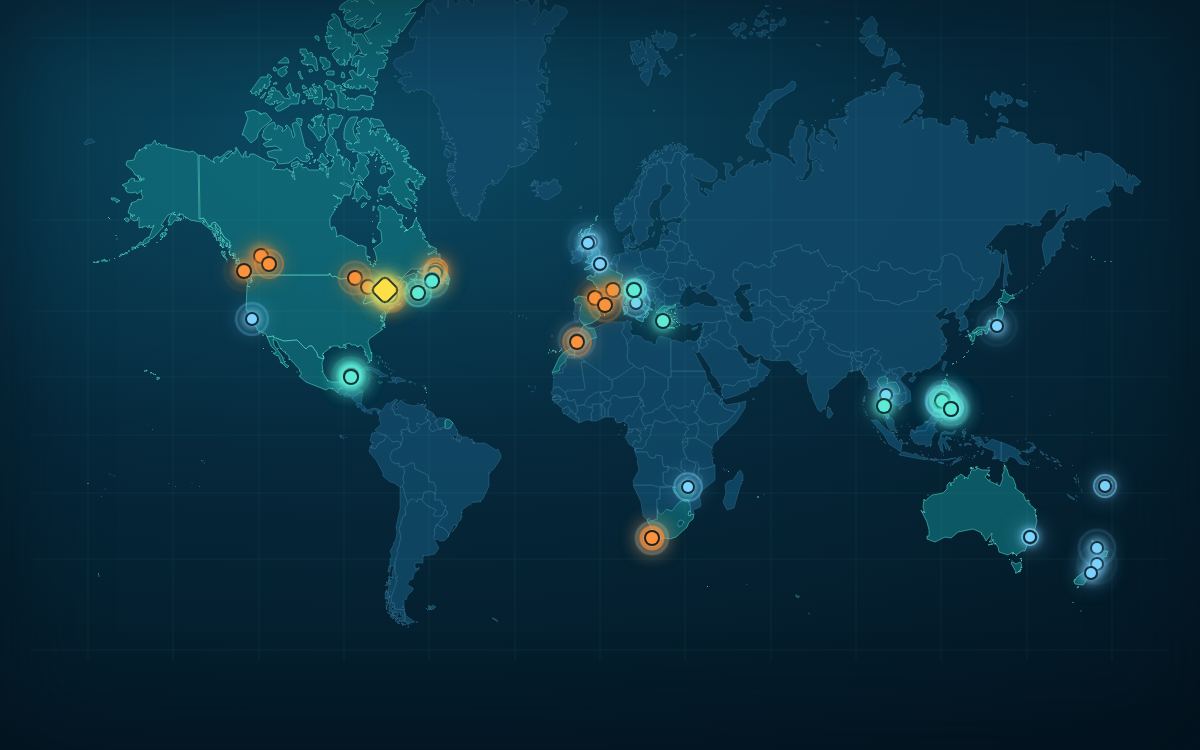 World map with glowing pins for the places Jake has dived, hiked and travelled